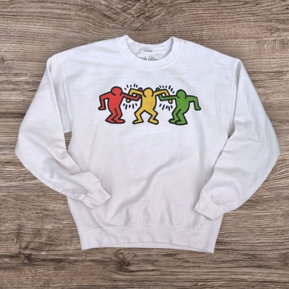 KEITH HARING White Colorful Sweatshirt Signature Classic Artist Artsy Womens S